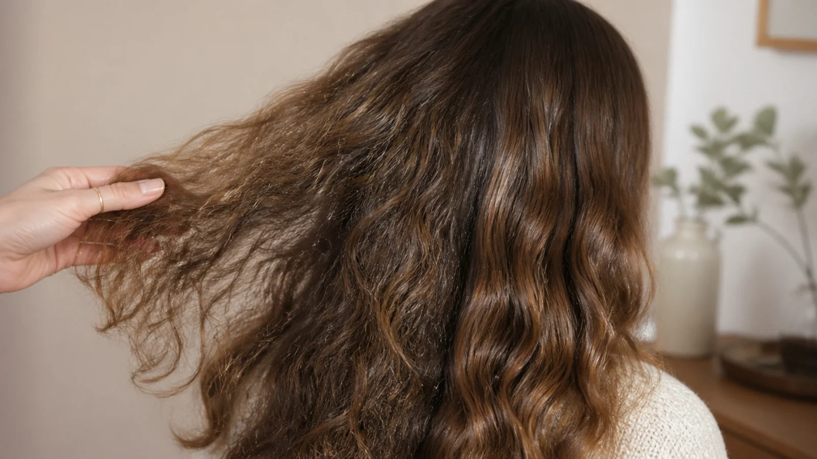 Close up of puffy frizzy hair strands showing lifted cuticle scales next to a sealed smooth section