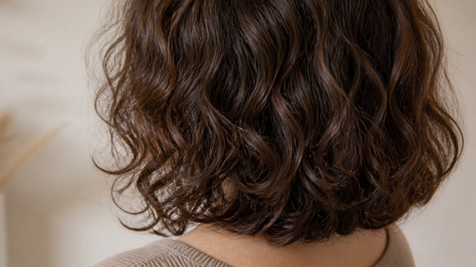 Collarbone length thick frizzy hair cut in a soft U shape with longer sides and a rounded back