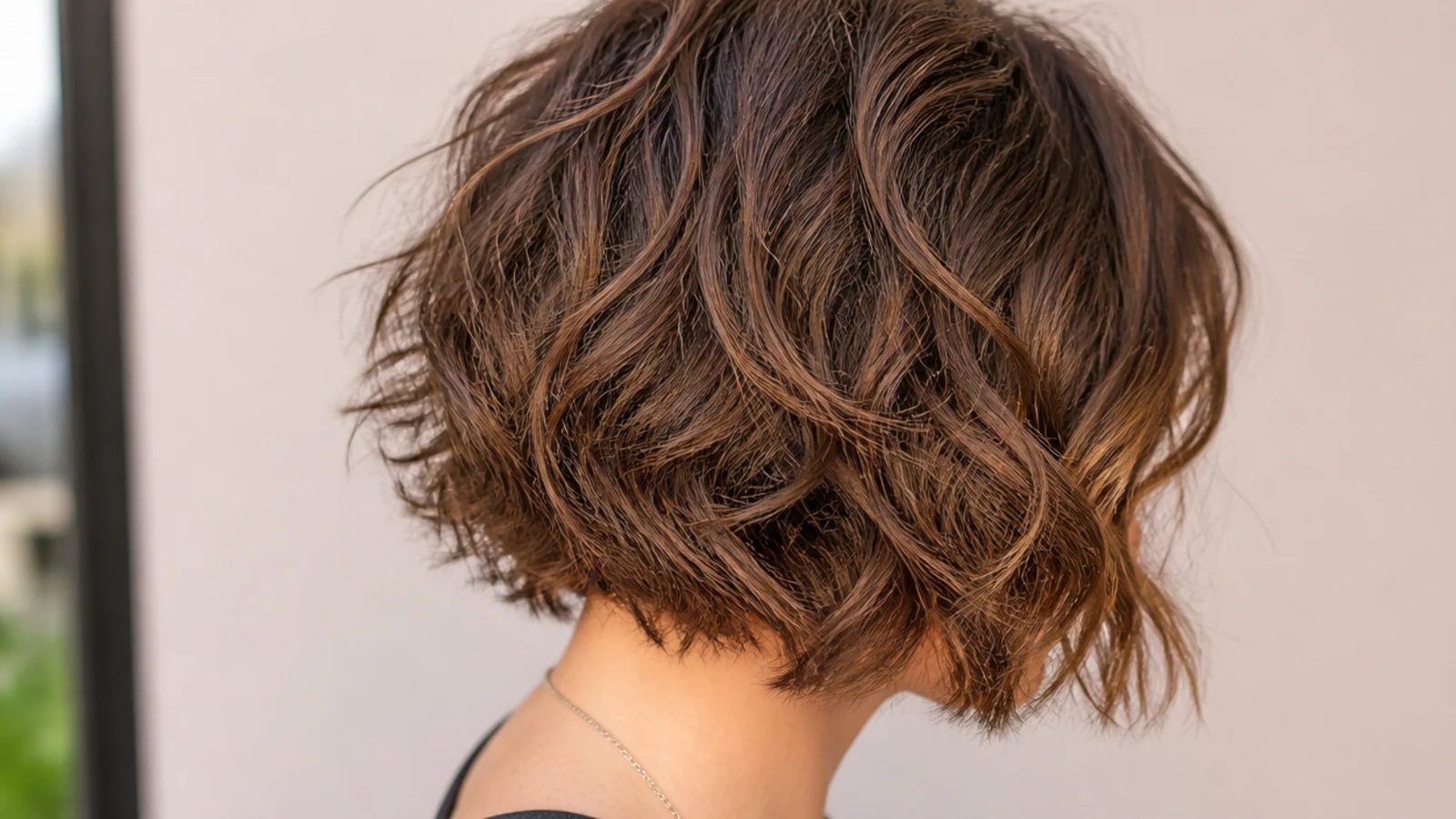 Angled bob on thick frizzy hair, shorter at the nape and longer at the jaw, with internal layers removing bulk