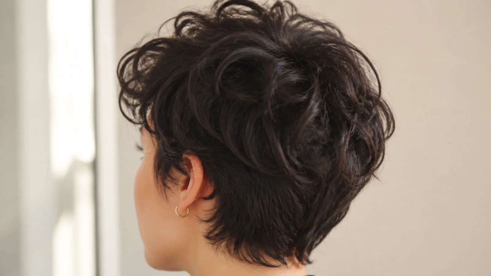 Tousled pixie cut on thick frizzy hair with choppy piecey layers and a longer elongated crown