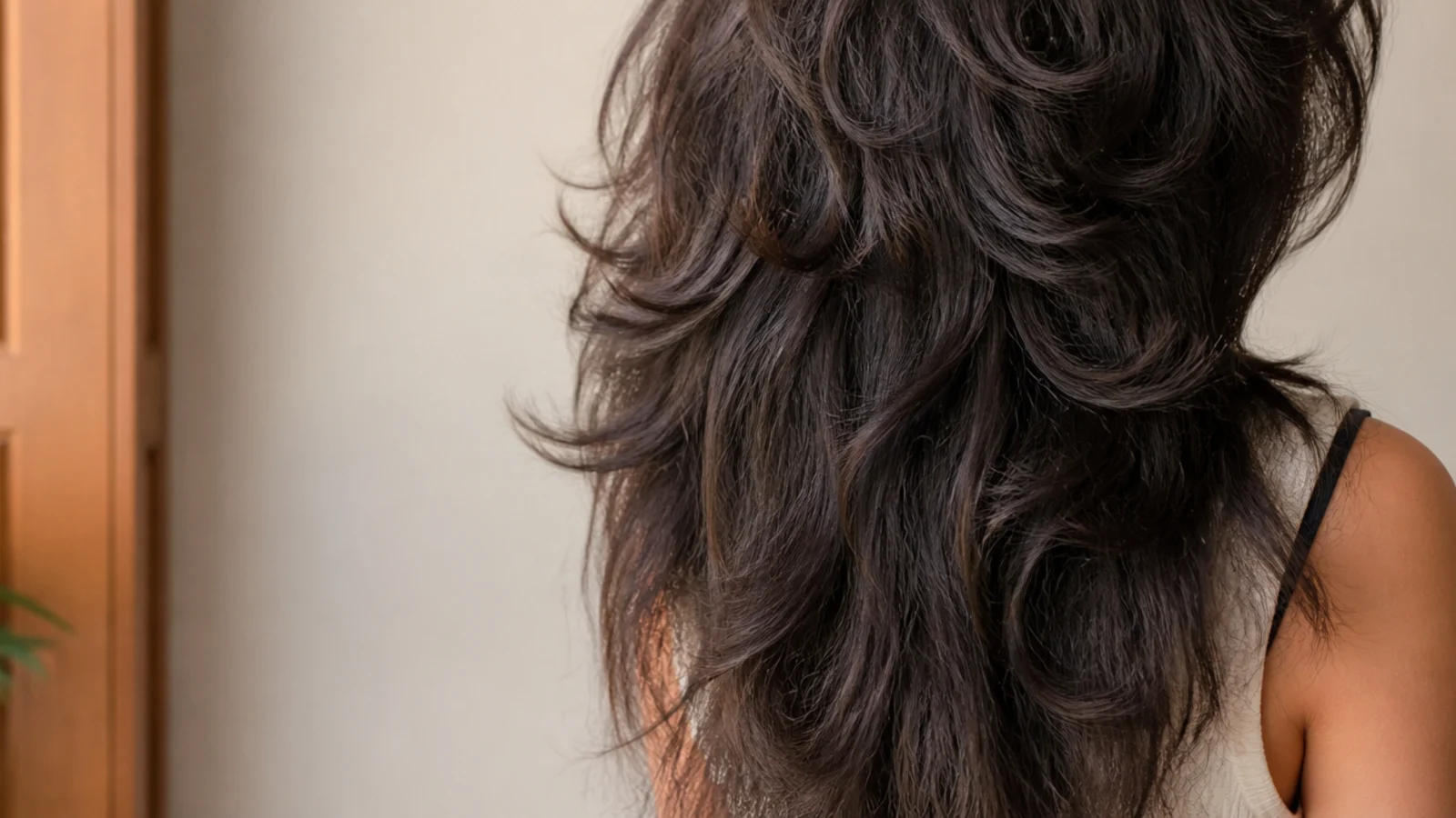 Butterfly cut on long thick frizzy hair with short collarbone layers over long waist length lengths