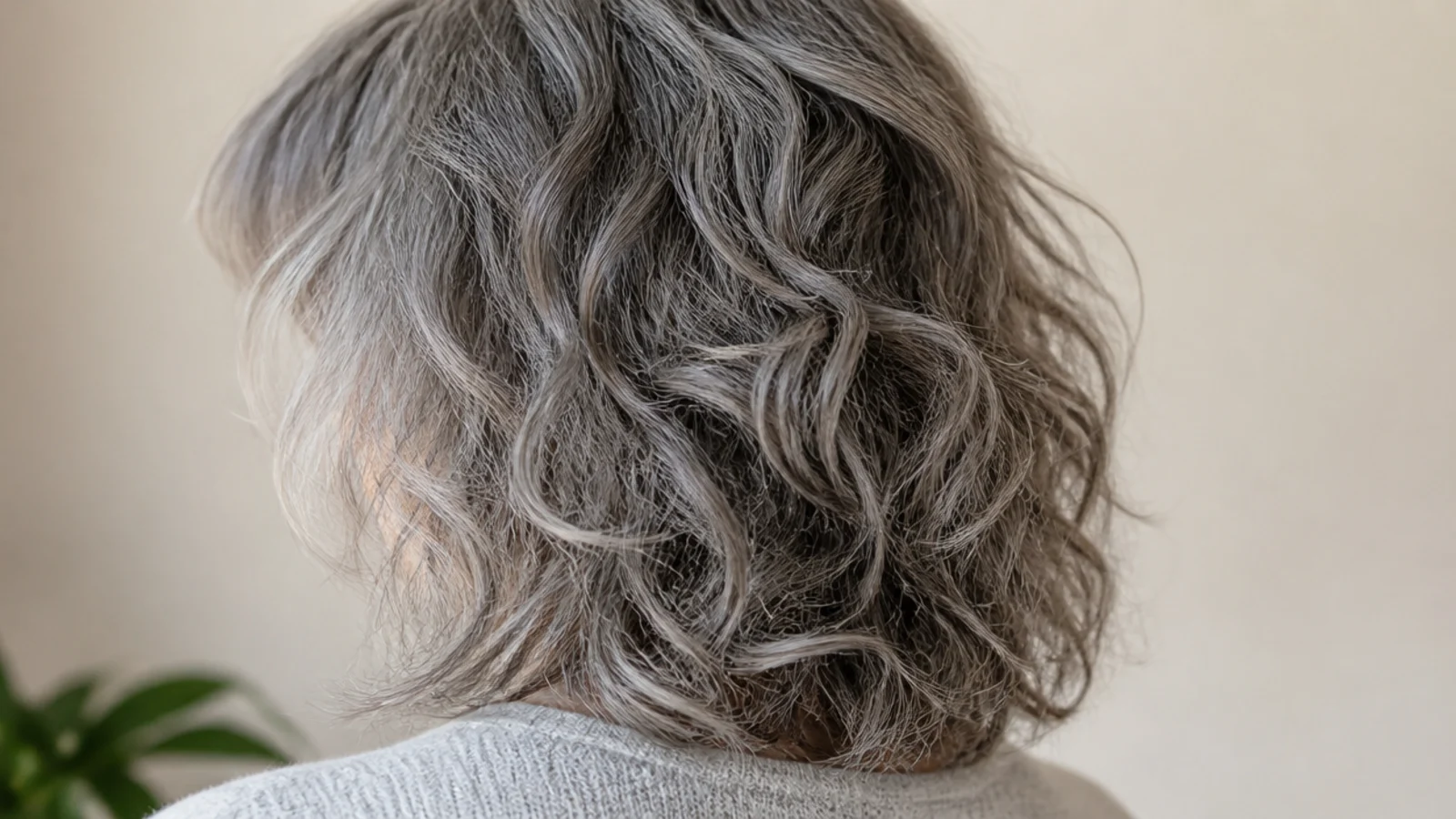 Shoulder length shag on thick gray frizzy hair with soft fringe and layers distributing volume