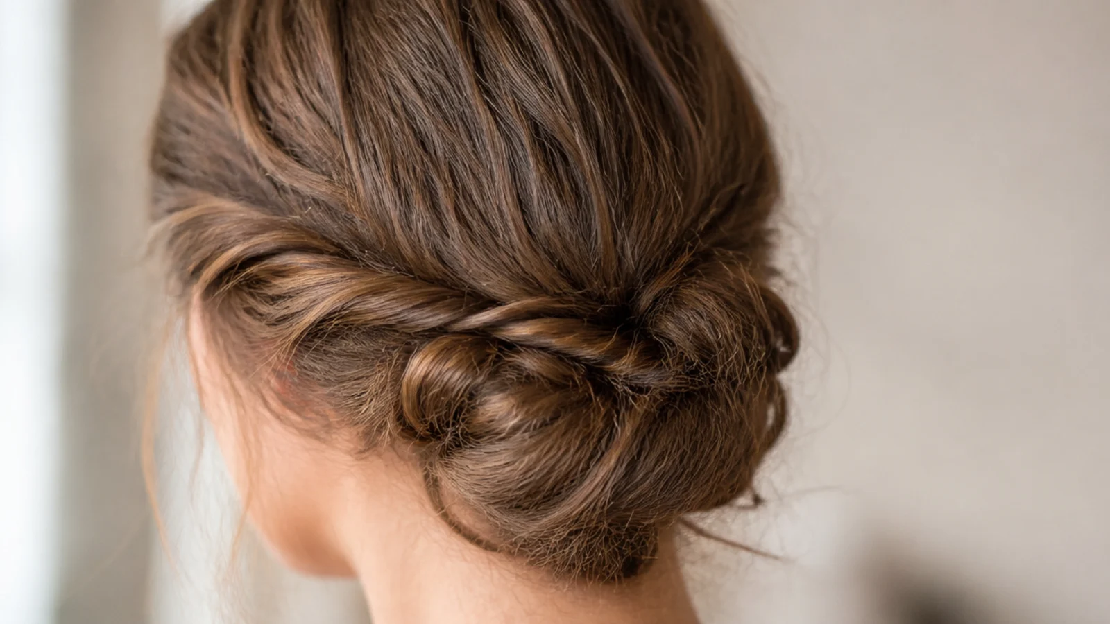 Low chignon at the nape on thick frizzy hair with two rope twisted sections coiled and pinned