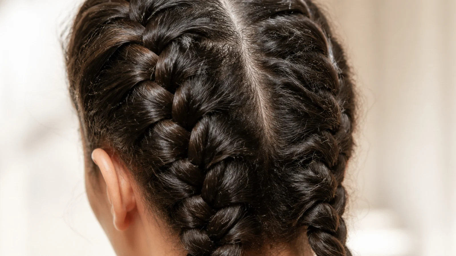 Two Dutch braids on thick frizzy hair running from the part to the nape with raised braid lines