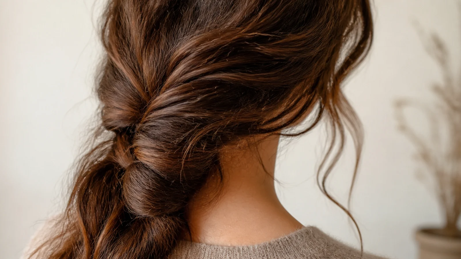 Loose side braid on long thick frizzy hair over one shoulder with soft face framing pieces pulled out