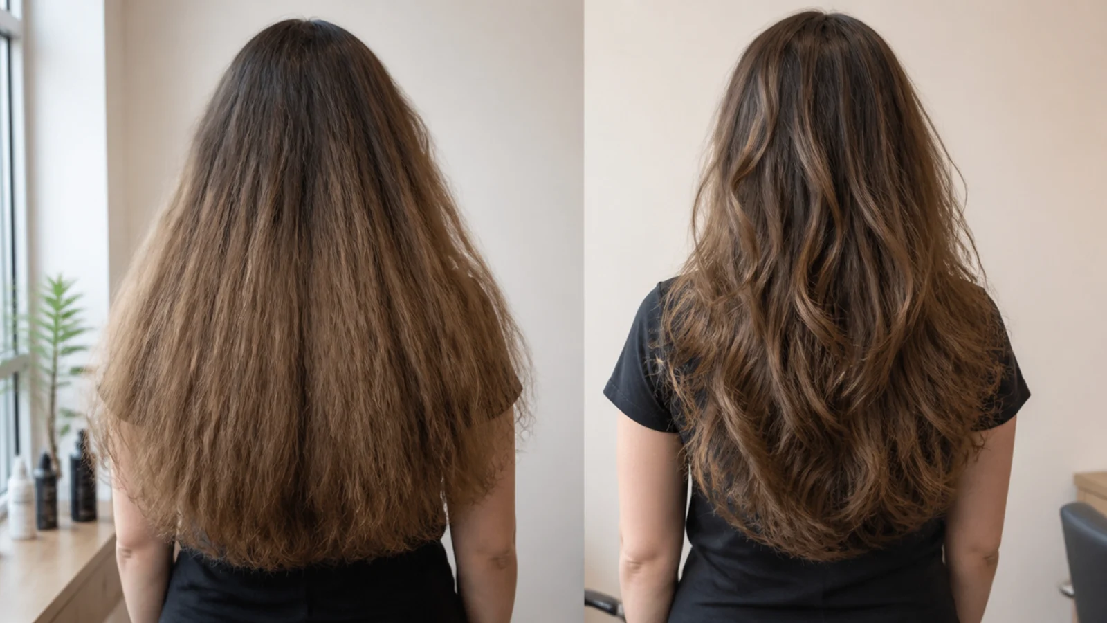 Two haircuts compared on thick frizzy hair, blunt heavy ends versus internal layers removing bulk from inside