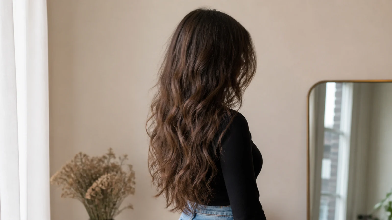 Long thick frizzy hair worn in soft internal layers with face-framing pieces at the cheekbone