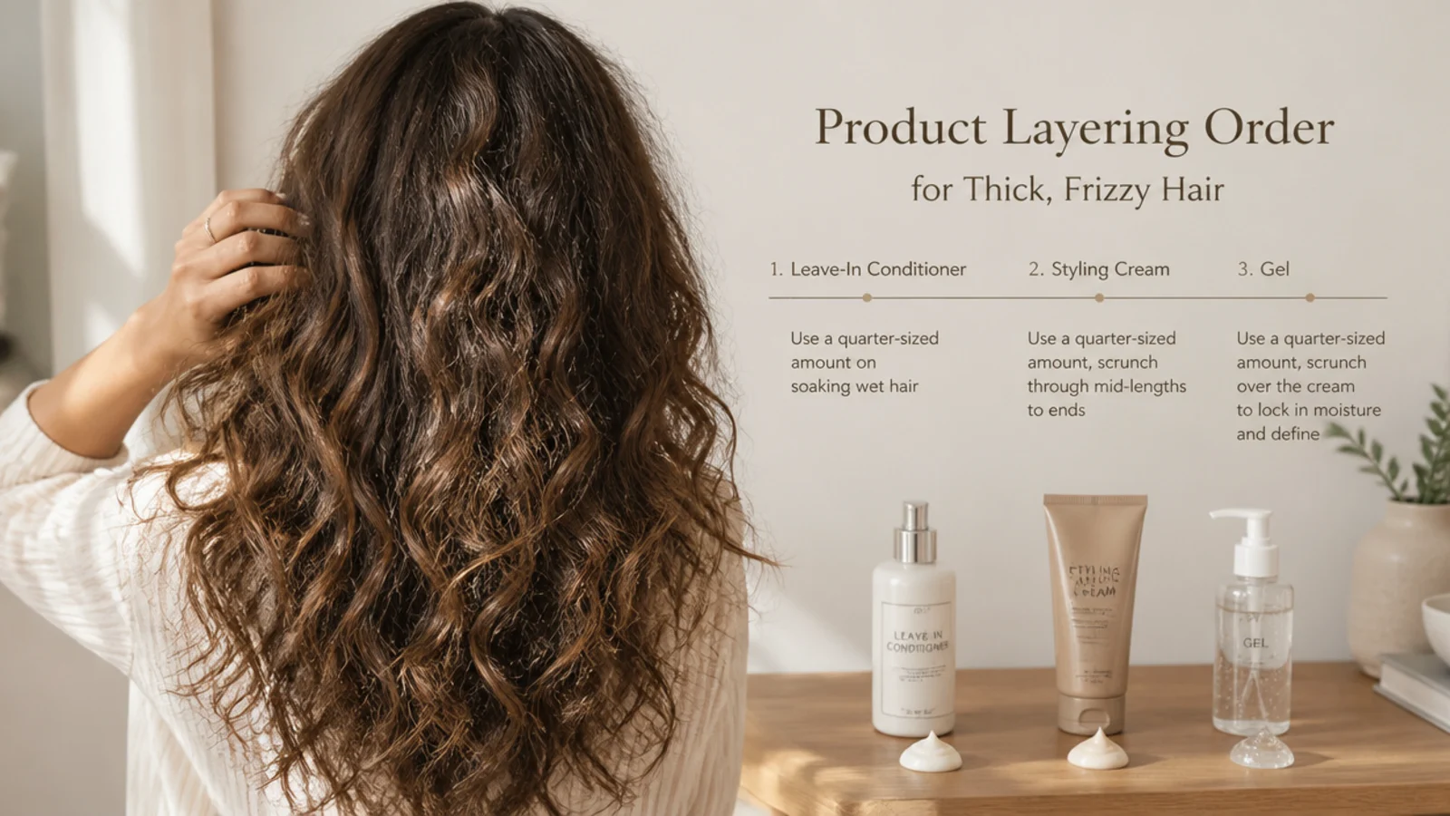 Product layering order for thick frizzy hair showing leave-in conditioner, styling cream and gel with amounts