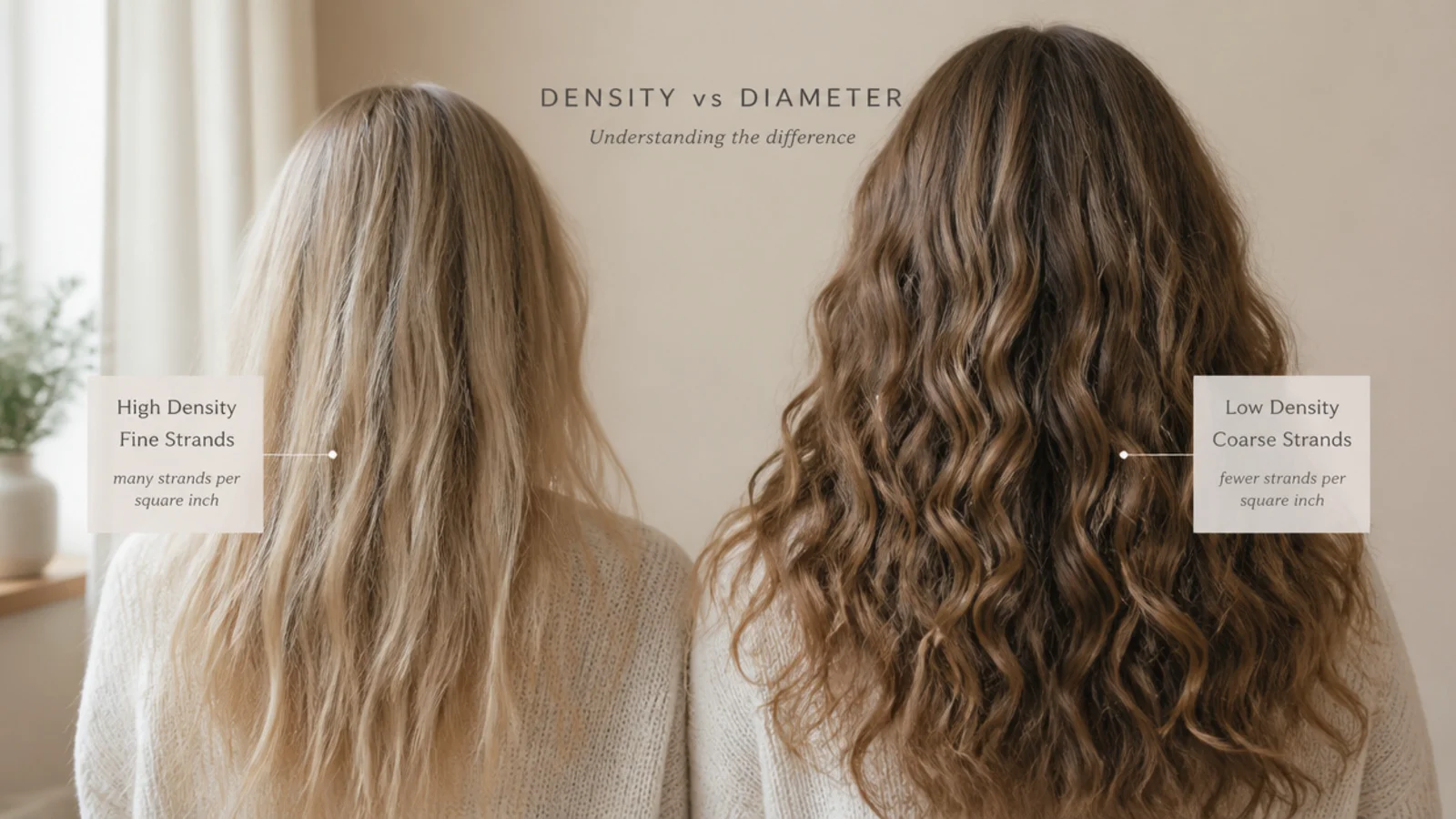 Comparison of dense fine hair and coarse thick strands showing the difference between density and strand diameter
