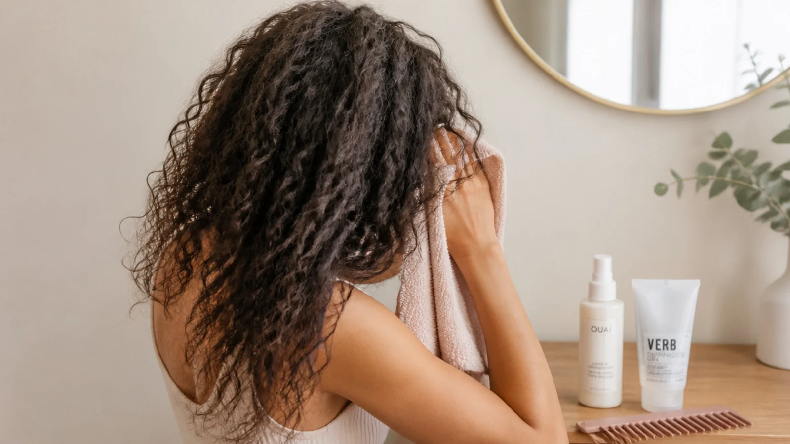Wash day routine laid out for thick frizzy hair with microfiber towel, wide tooth comb, leave-in and gel