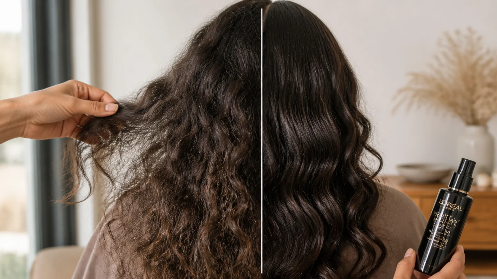 Close up of thick frizzy hair strands showing lifted cuticle scales and swelling beside a smooth sealed section