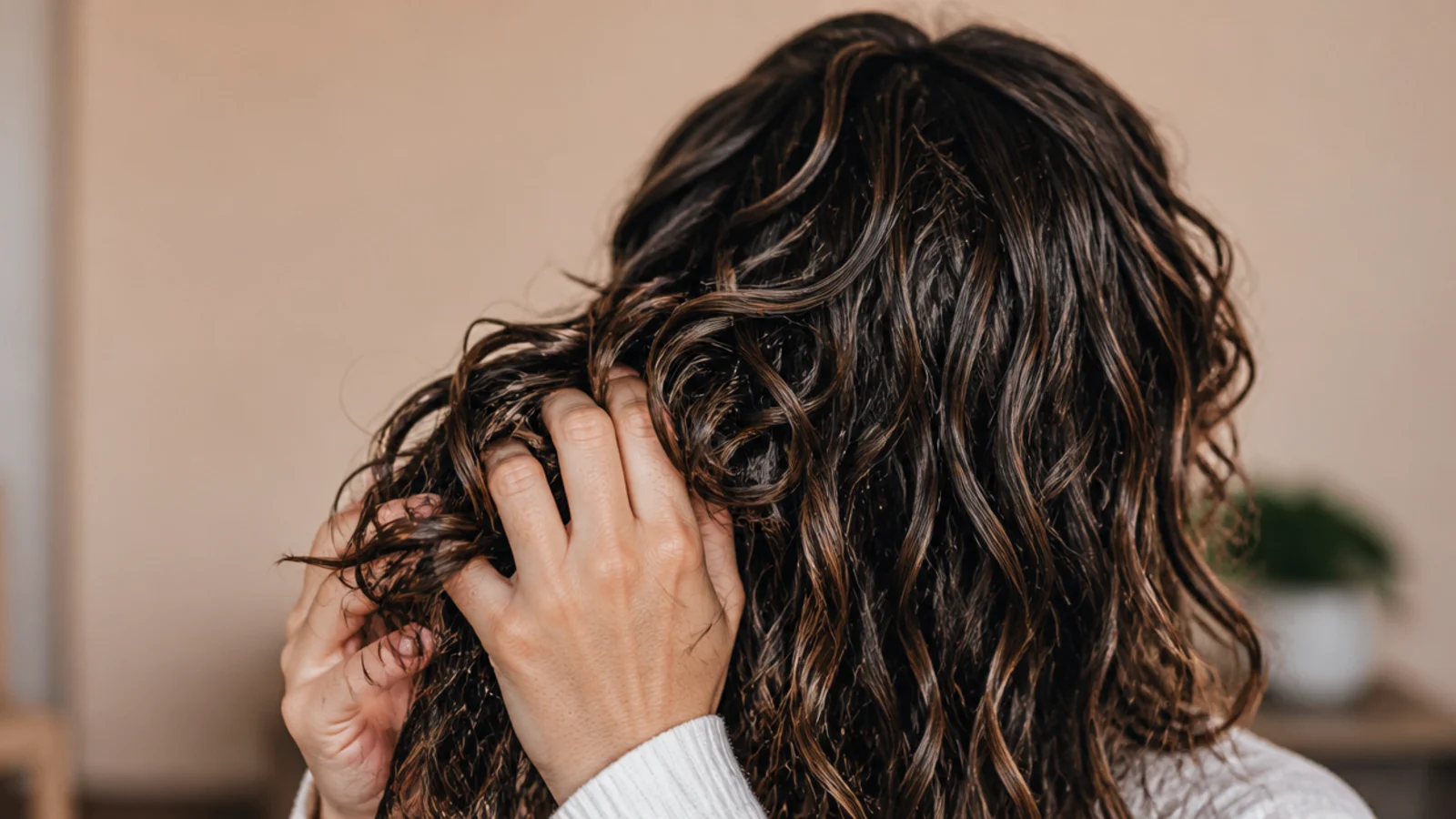 Hands scrunching a dry gel cast out of wavy frizzy hair to reveal soft defined waves