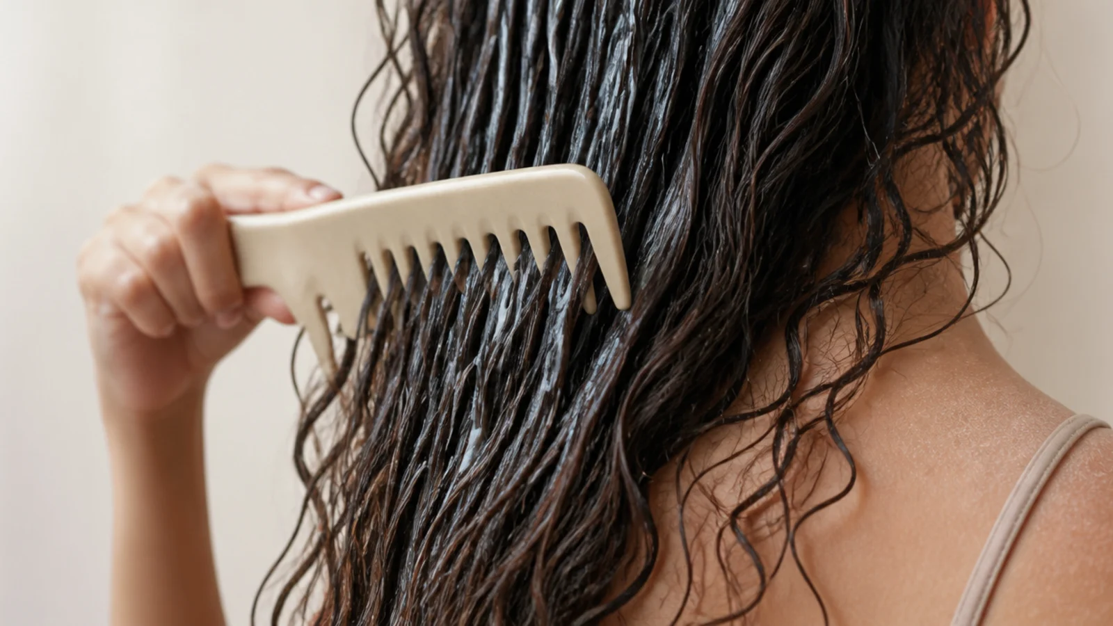 Wide tooth comb detangling conditioner-coated wet frizzy hair from the ends upward