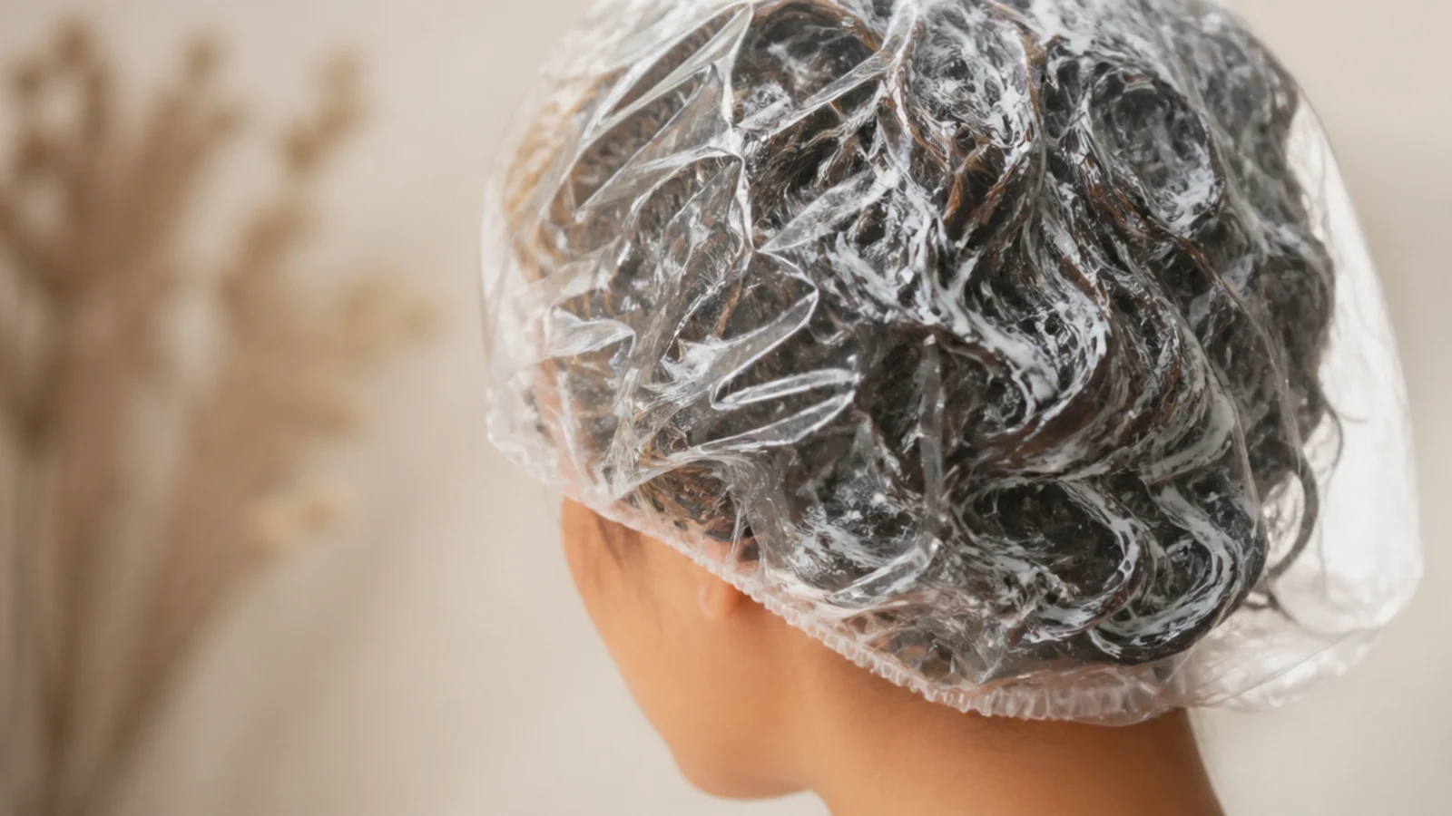 Deep conditioning hair mask applied to frizzy hair under a shower cap for twenty minutes