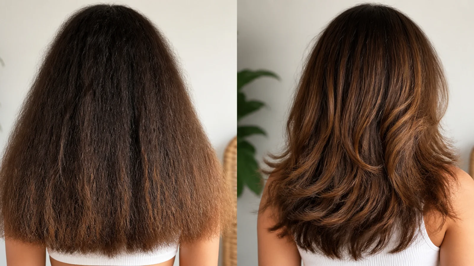 Internal debulking layers cut into thick frizzy hair compared with a heavy blunt triangle shape
