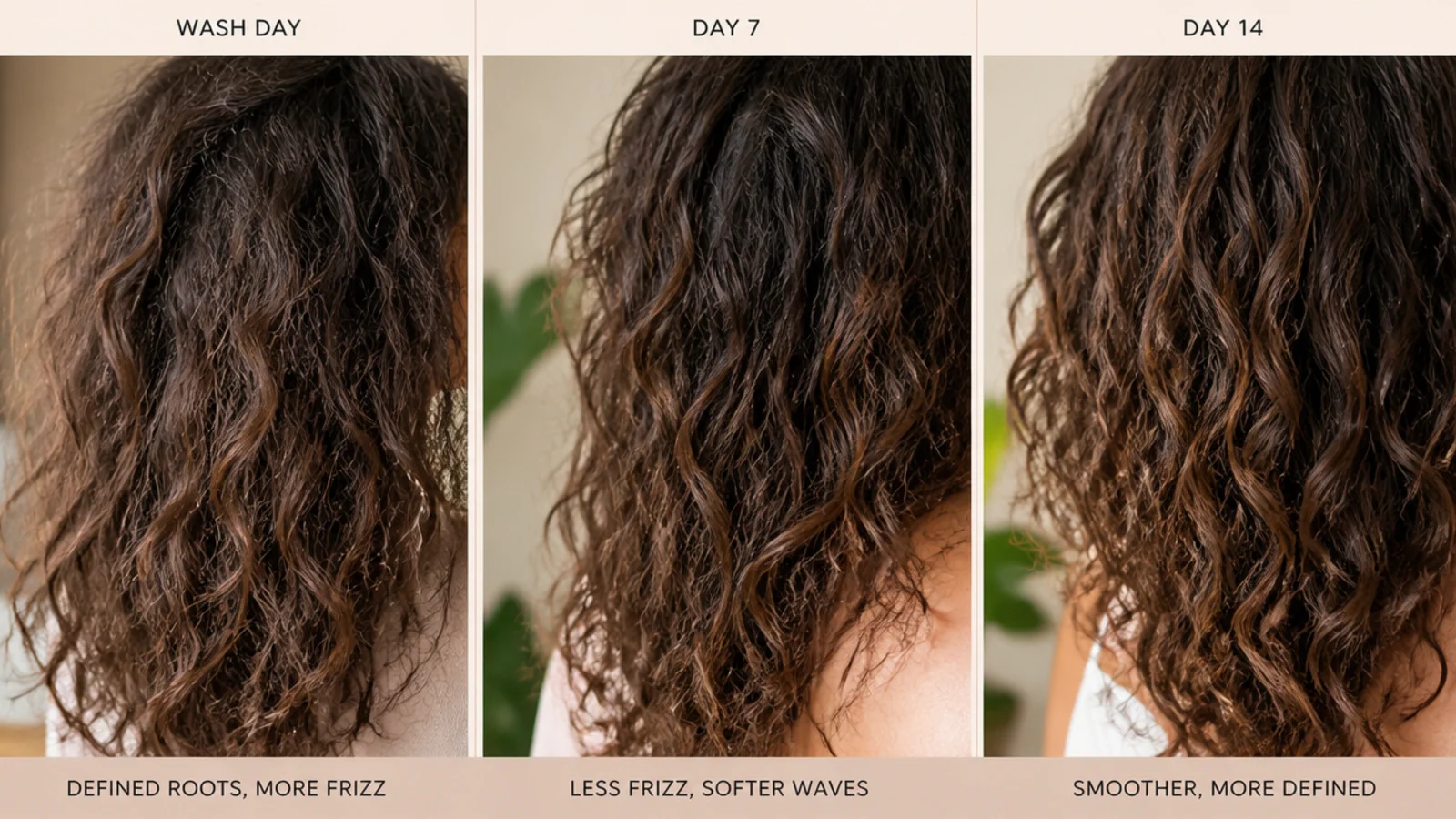 Three wash day timeline showing gradual frizz improvement on frizzy hair over two weeks
