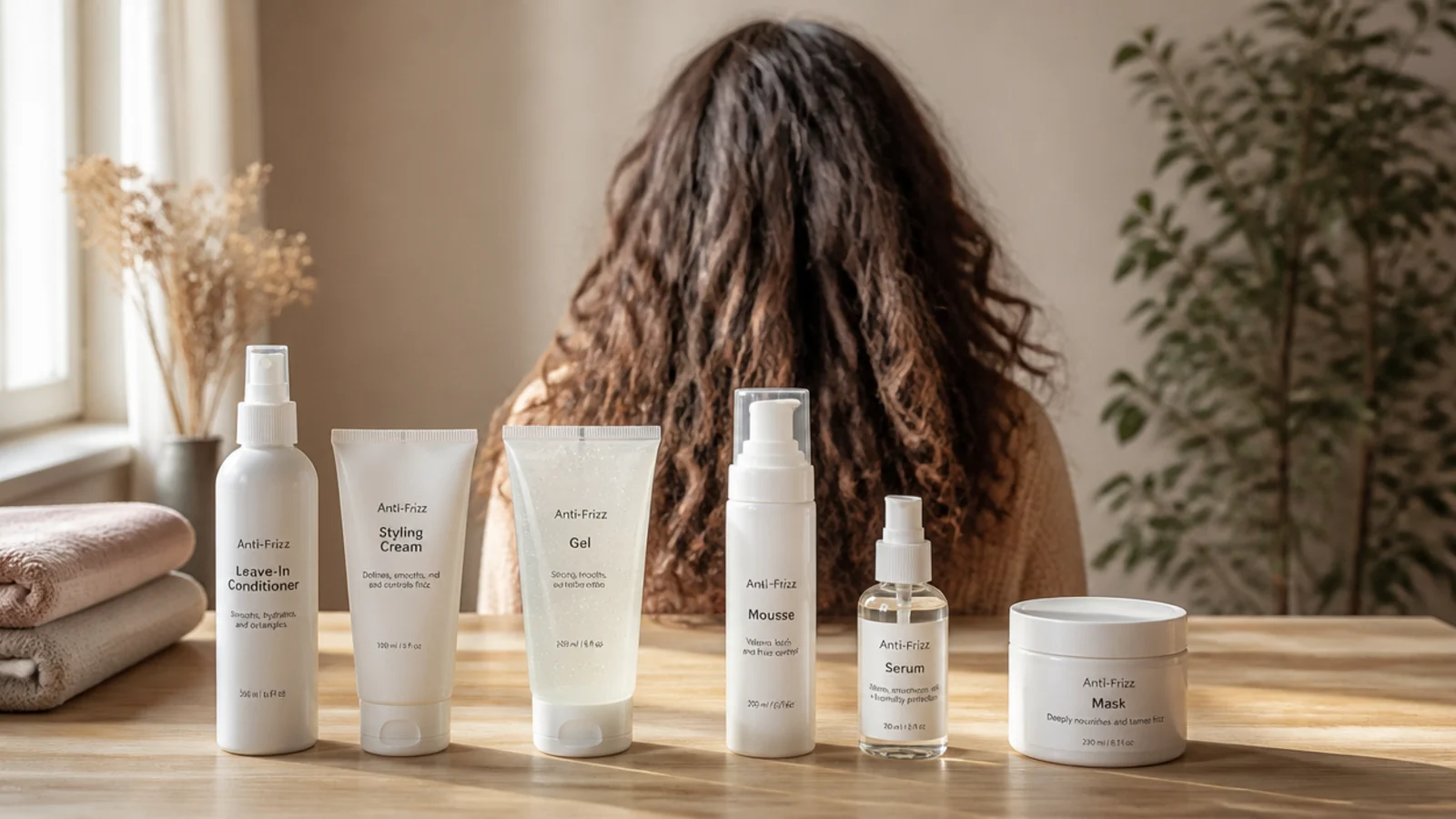 Anti frizz products for frizzy hair including leave-in conditioner, styling cream, gel, mousse, serum and mask
