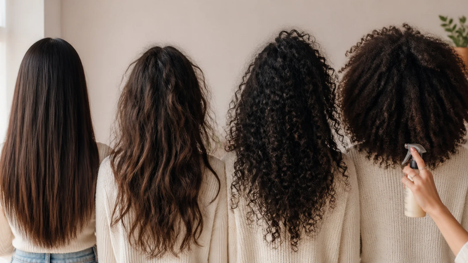 Straight, wavy, curly and coily frizzy hair compared to show where frizz appears on each type