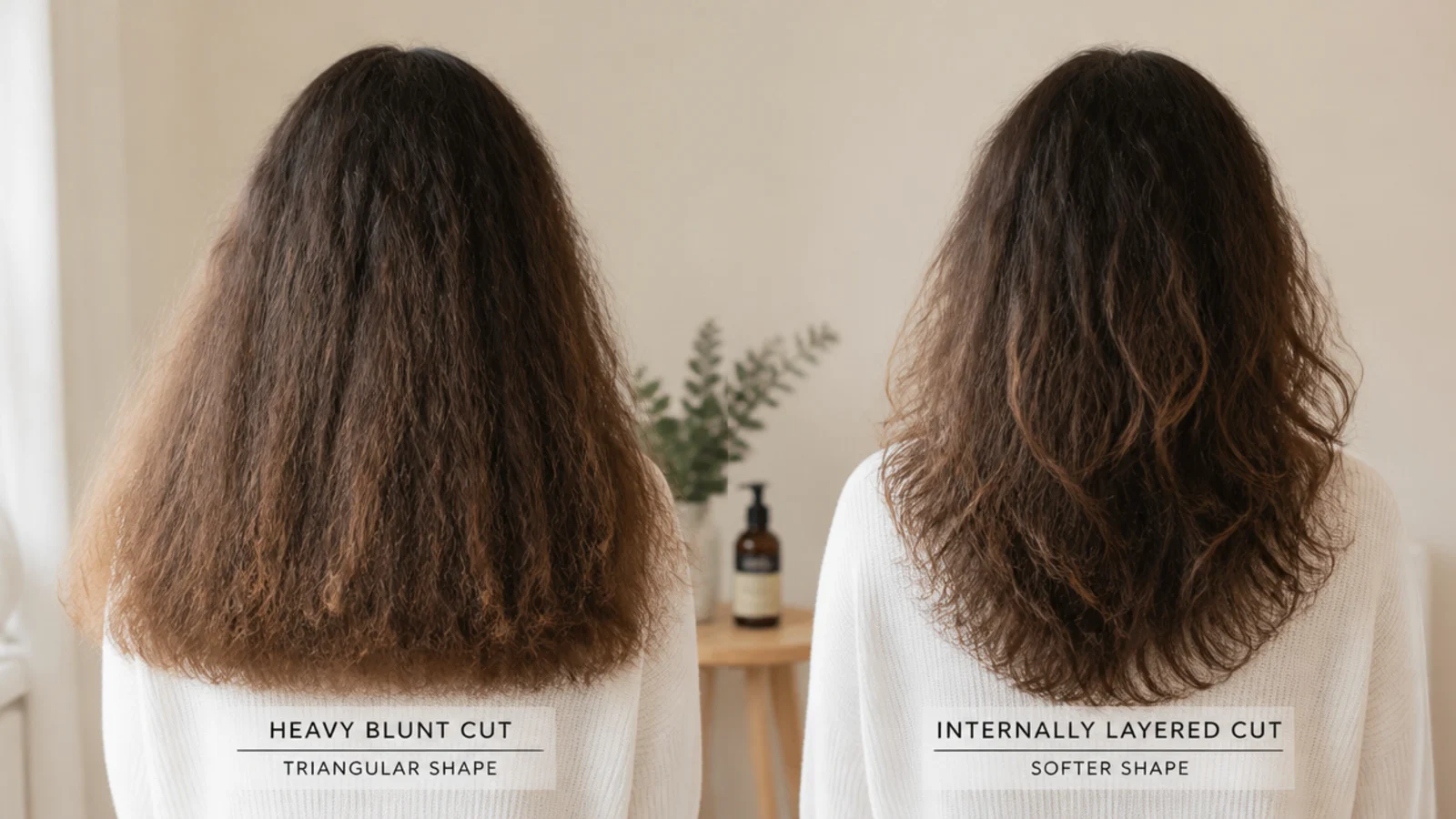Two haircuts for frizzy hair compared, a heavy blunt triangle silhouette and a softly internally layered shape