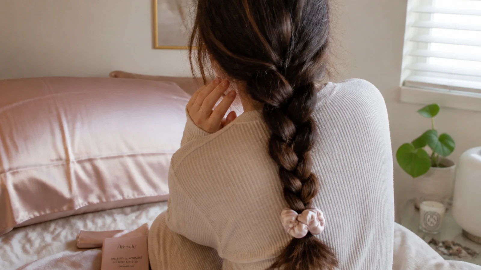Silk pillowcase, satin scrunchie and a loose overnight braid used as daily habits against frizzy hair