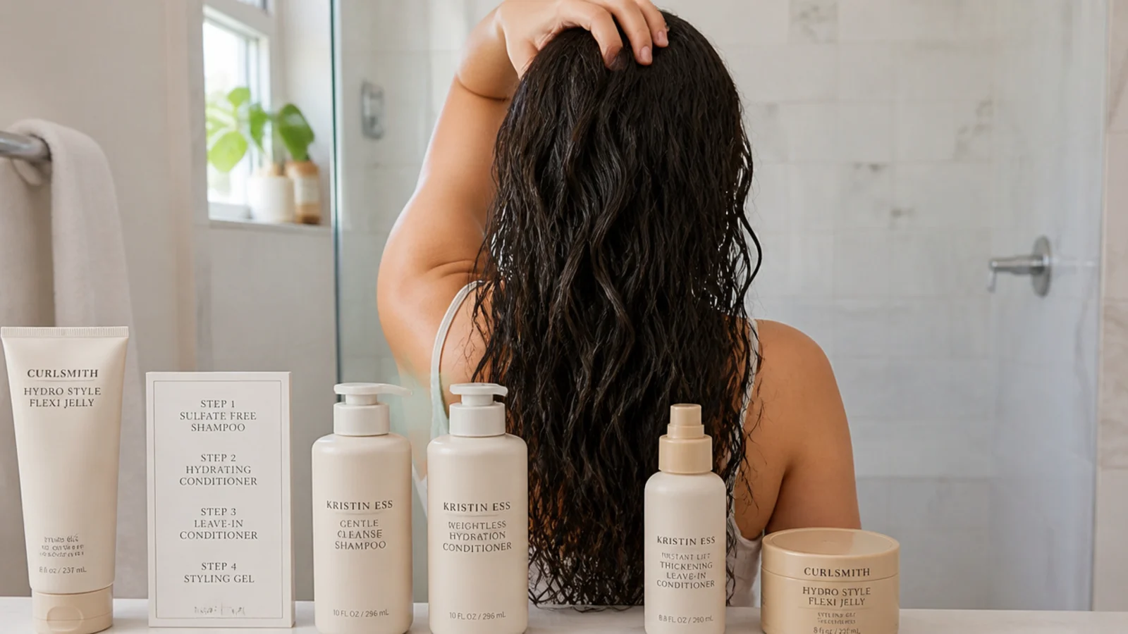 Wash day routine for fixing frizzy hair laid out from sulfate free shampoo through gel on soaking wet hair