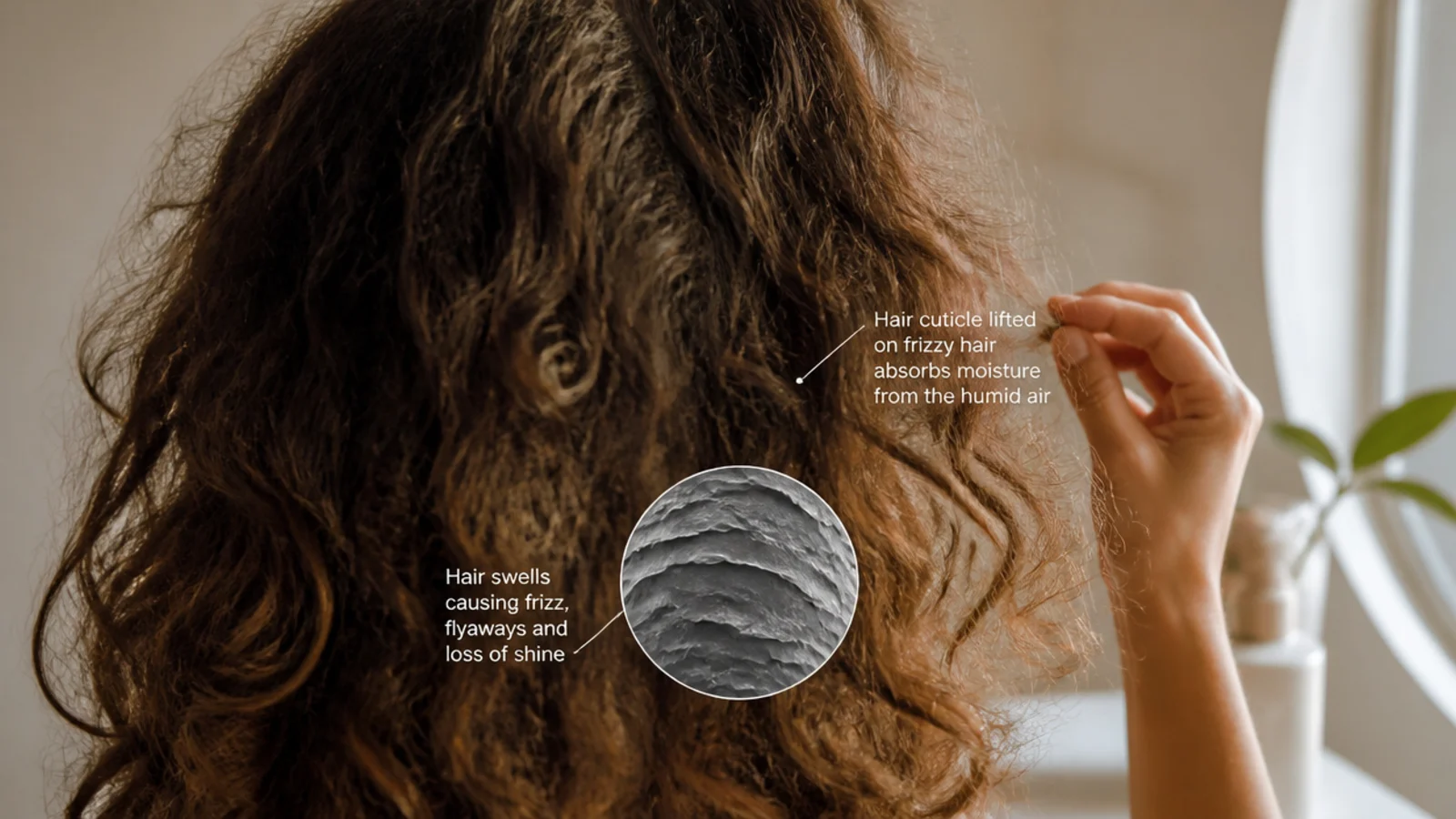 Close up of a lifted hair cuticle on frizzy hair absorbing moisture from humid air and swelling