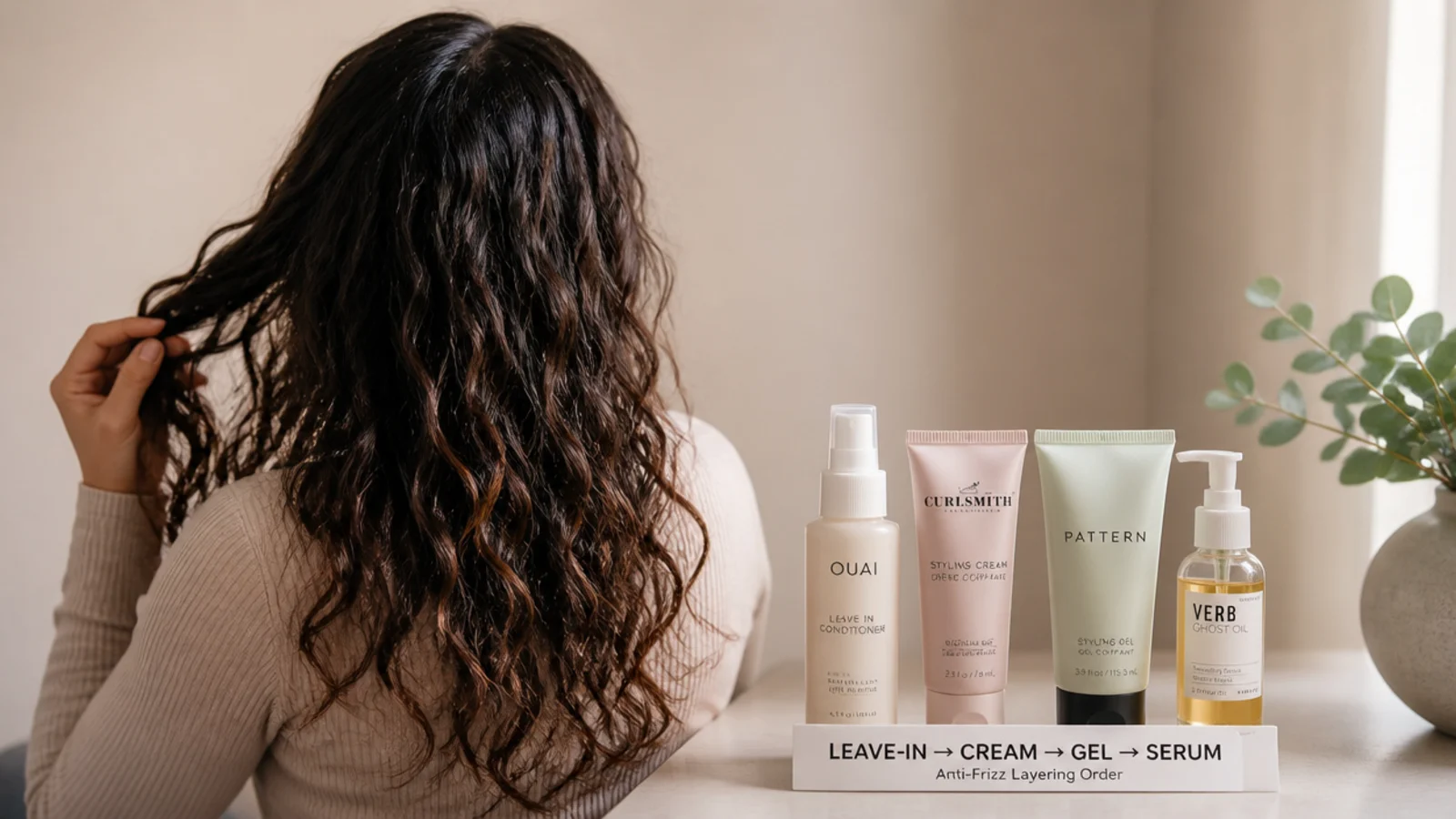 Leave-in conditioner, styling cream, gel and smoothing serum lined up in anti frizz layering order