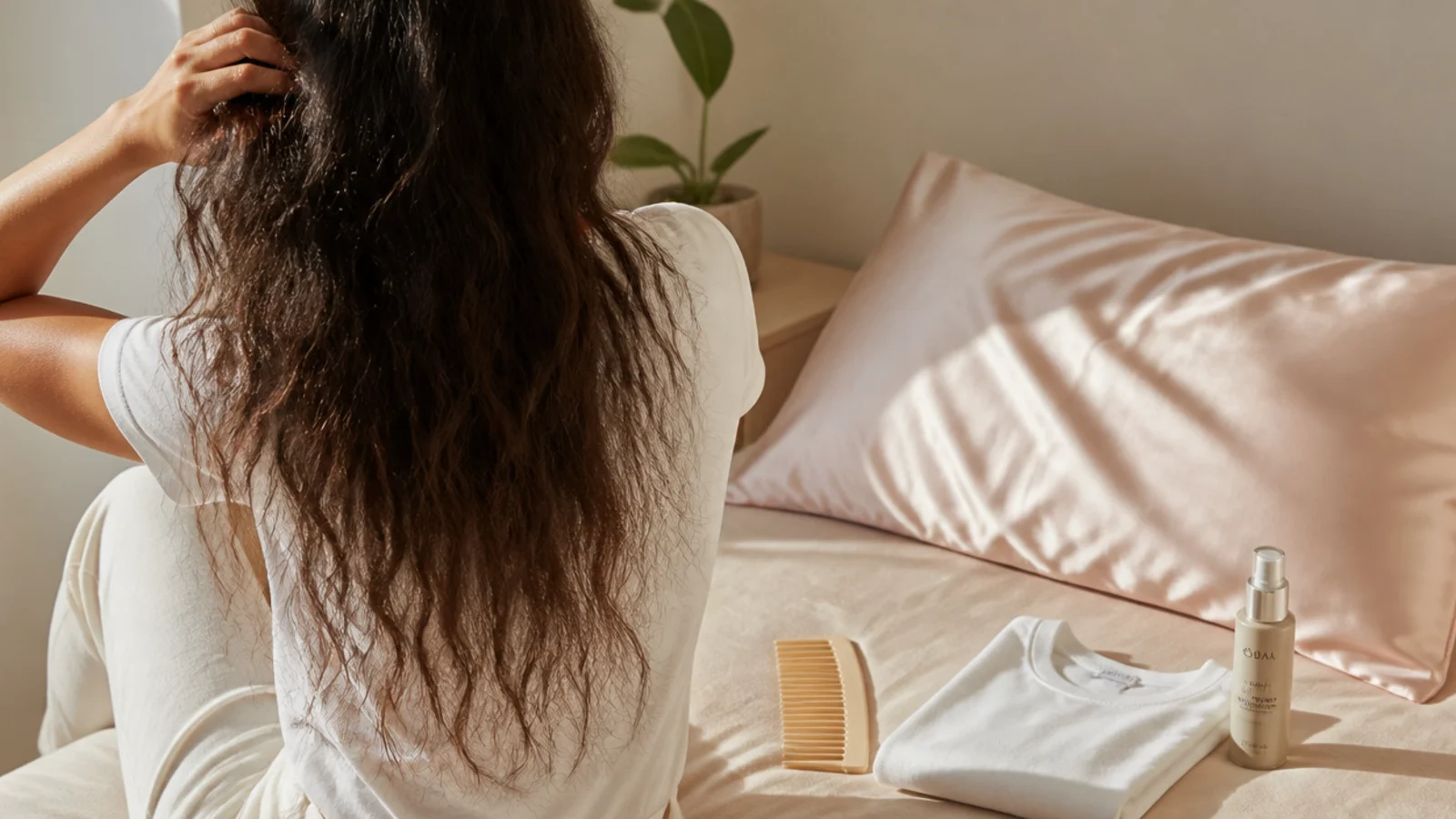 Silk pillowcase, cotton t-shirt and wide tooth comb laid out as daily habits to prevent frizzy hair