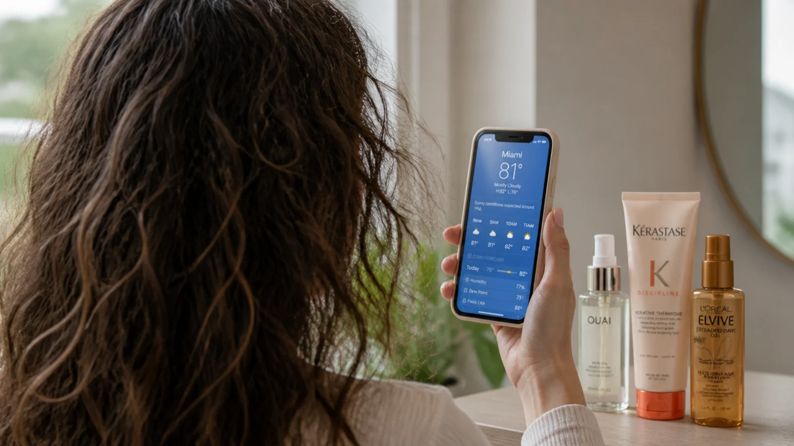 Weather app showing dew point next to anti frizz products chosen for high humidity frizzy hair