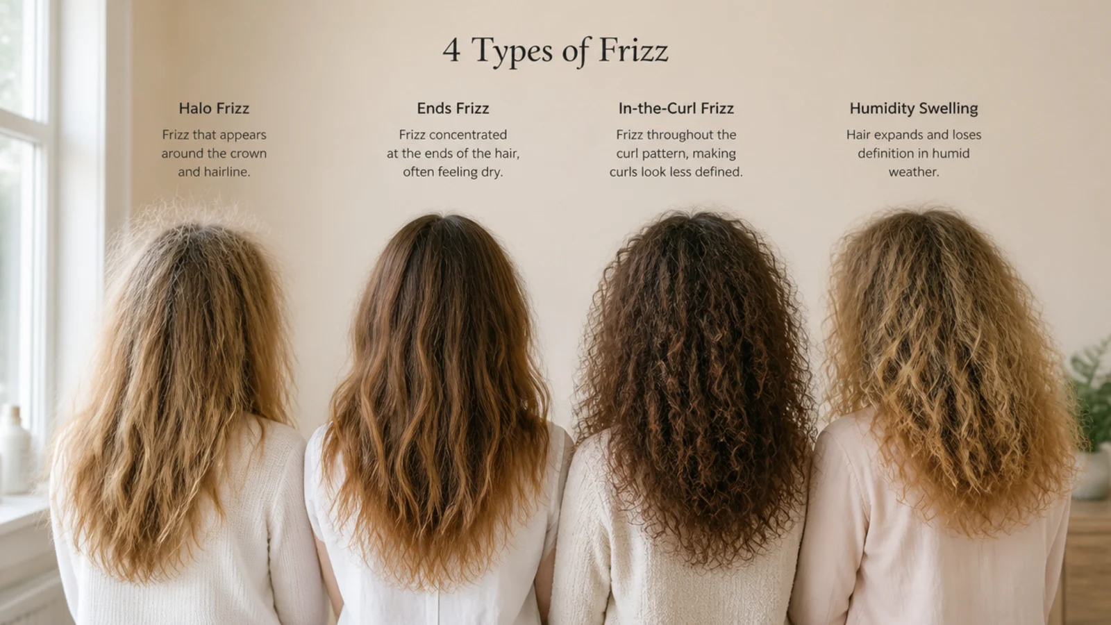 Four types of frizzy hair compared: halo frizz, ends frizz, in-the-curl frizz and humidity swelling