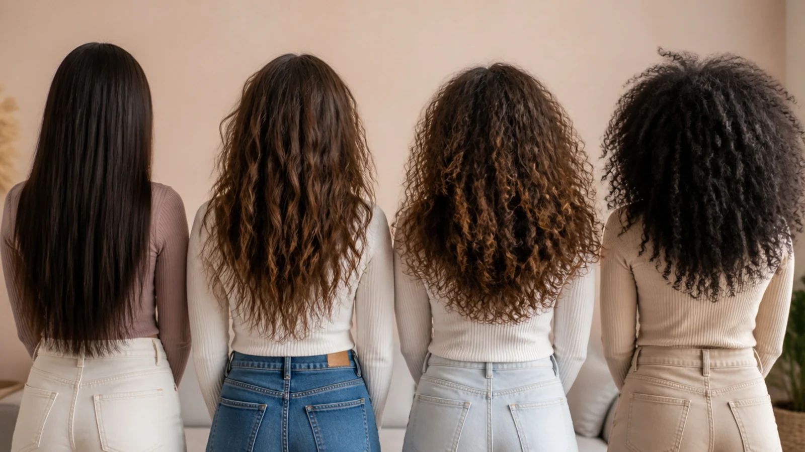 Straight, wavy, curly and coily frizzy hair compared side by side with different frizz patterns