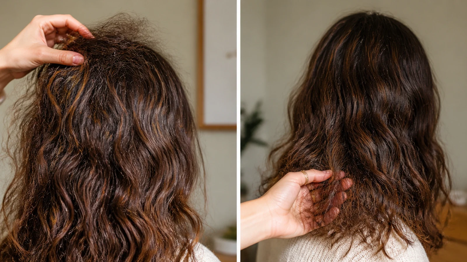 Close up of halo frizz at the crown compared with ends-only frizz on the same head of frizzy hair