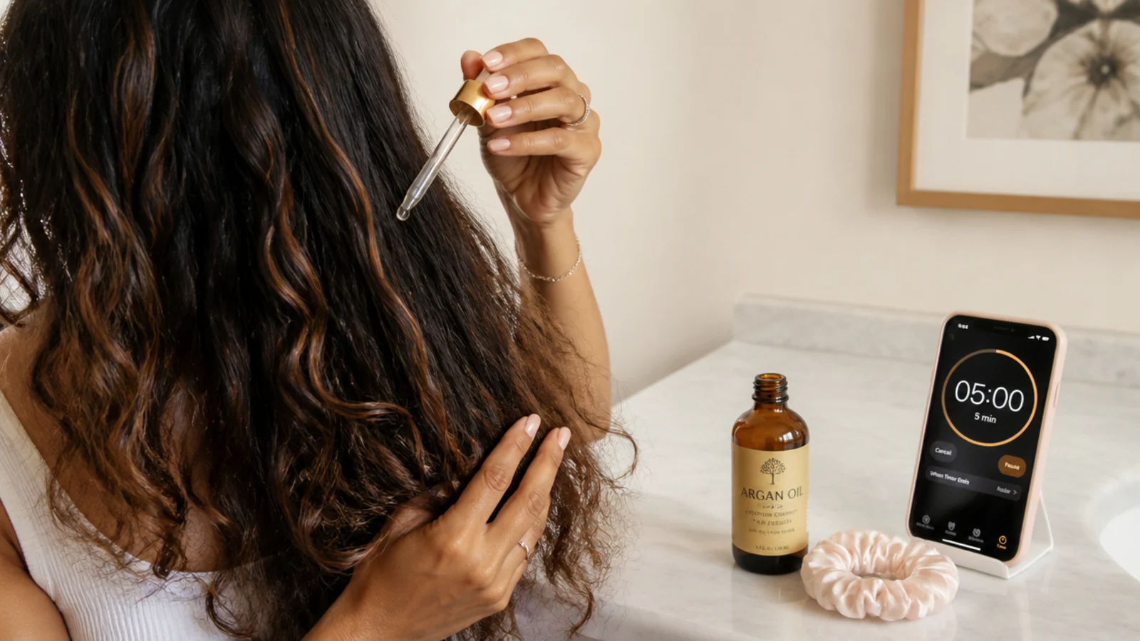 Phone timer set to five minutes beside argan oil and a silk scrunchie for a fast frizzy hair fix