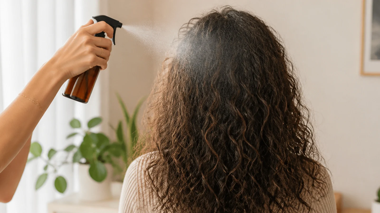 Fine mist water bottle spraying the crown of frizzy hair before applying anti frizz product