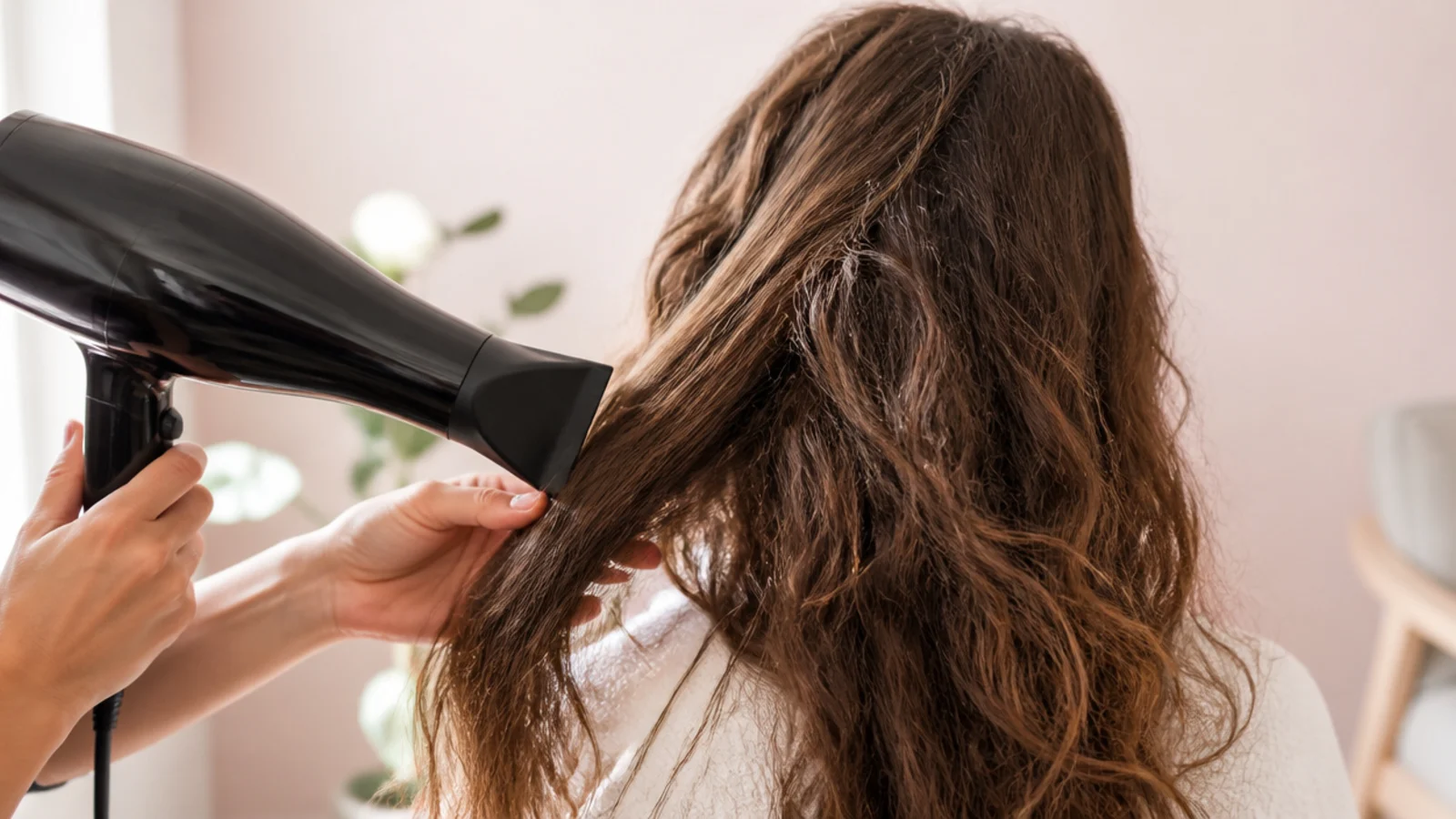 Cool shot from a blow dryer with a nozzle set on smoothed frizzy hair to lock the cuticle down