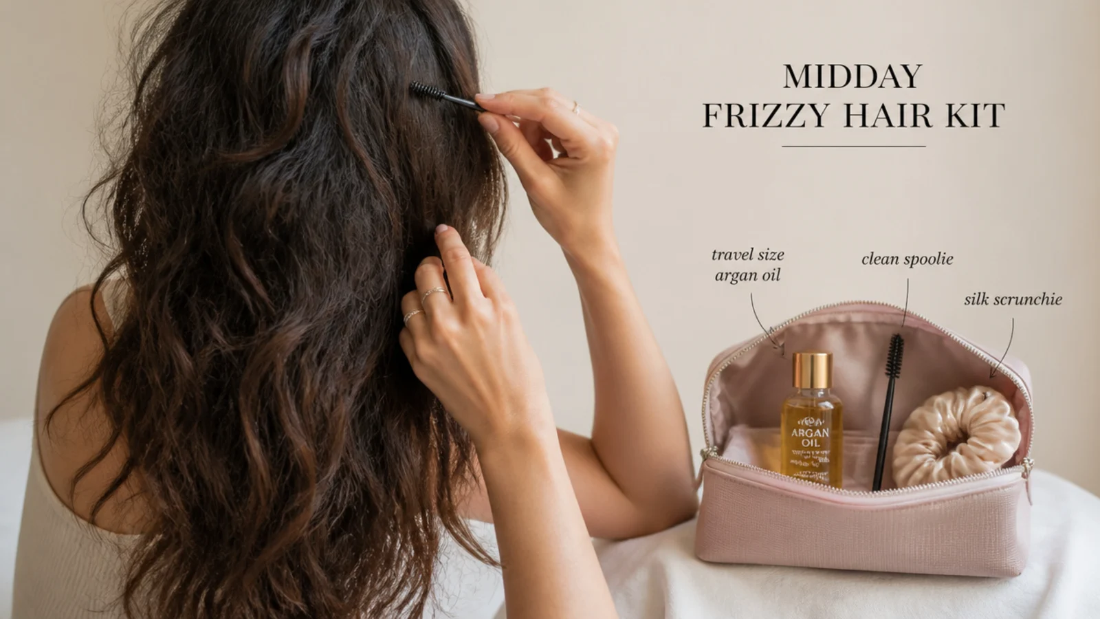 Travel size argan oil, clean spoolie and silk scrunchie packed as a midday frizzy hair kit