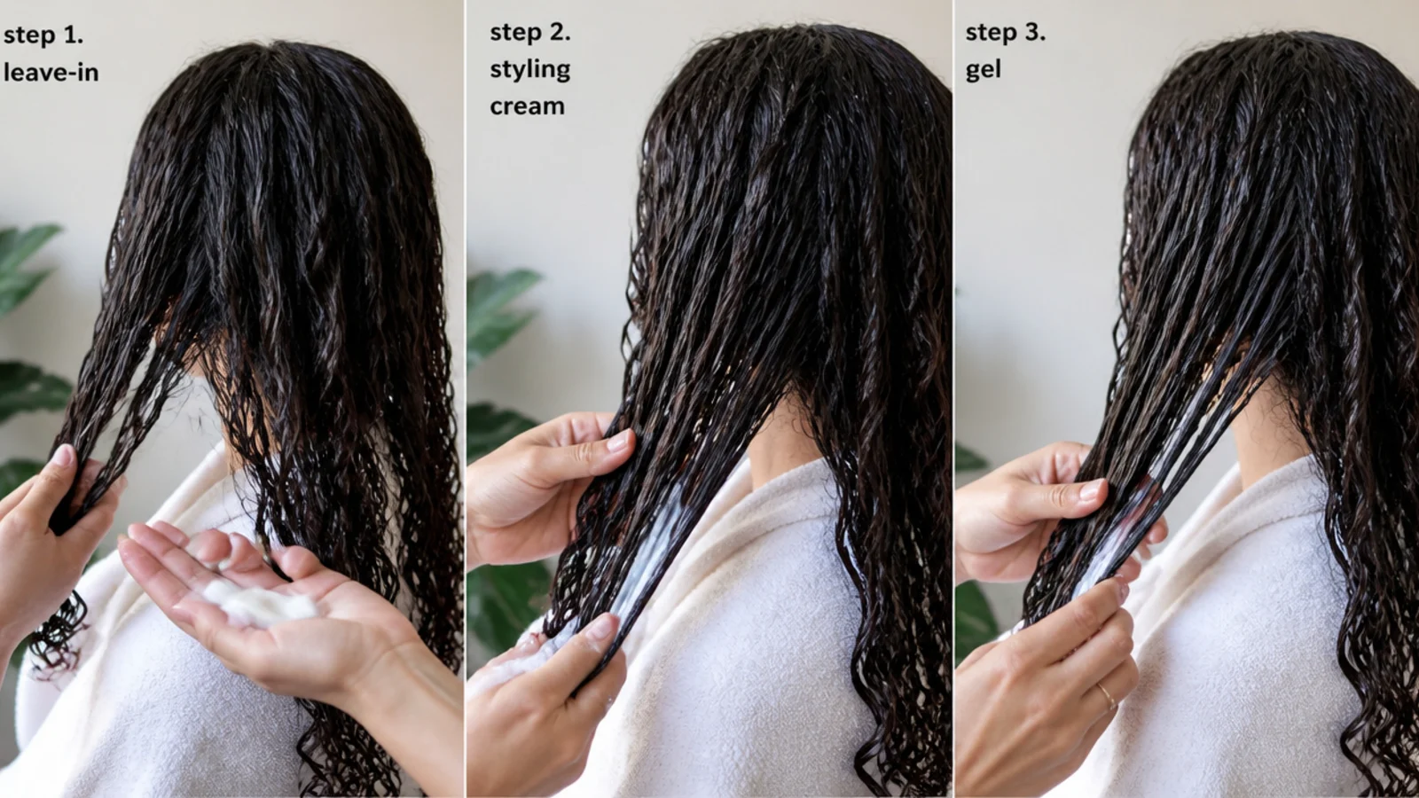 Leave-in, styling cream and gel layered in order on soaking wet frizzy hair on wash day