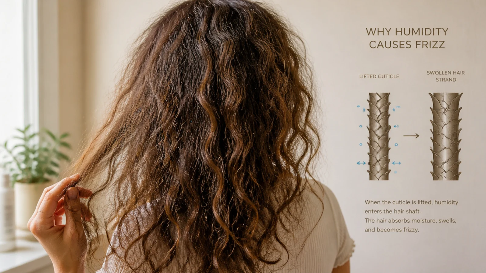 Diagram of a lifted hair cuticle absorbing ambient moisture and swelling into frizzy hair
