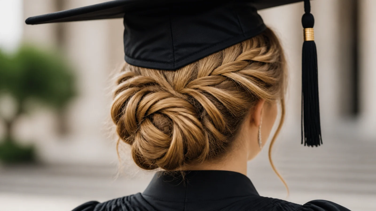 Low braided bun at the nape as a braided graduation hairstyle sitting well below the cap band