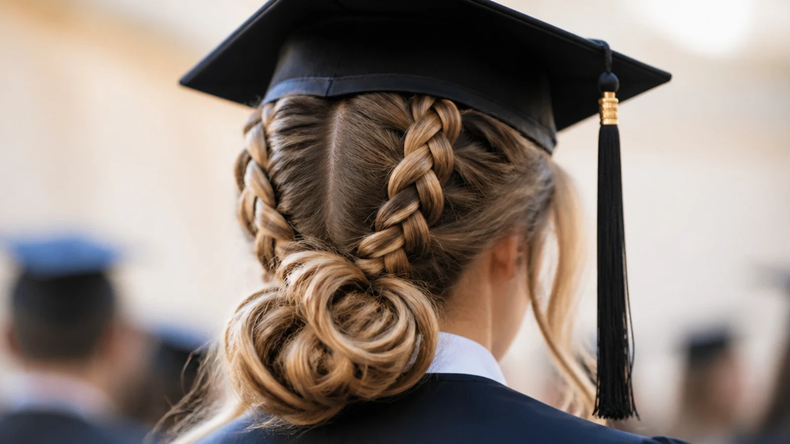 Double Dutch braids running straight back from a center part as a braided graduation hairstyle under a cap