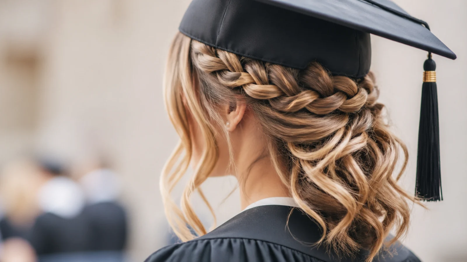 Crown braid set behind the cap line as a braided graduation hairstyle that clears the mortarboard front edge