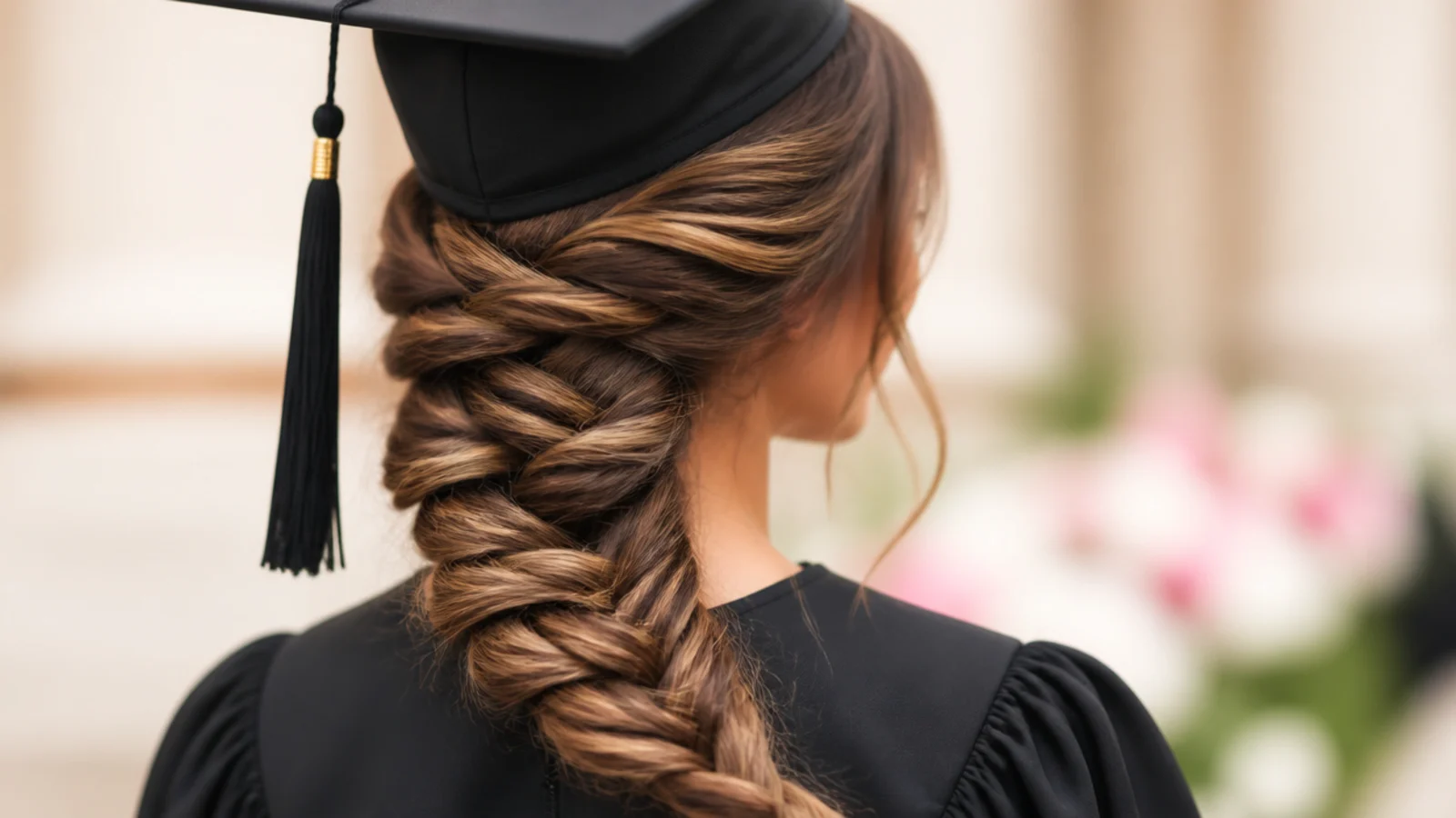 Side fishtail braid pulled over one shoulder as a braided graduation hairstyle worn with a cap and gown