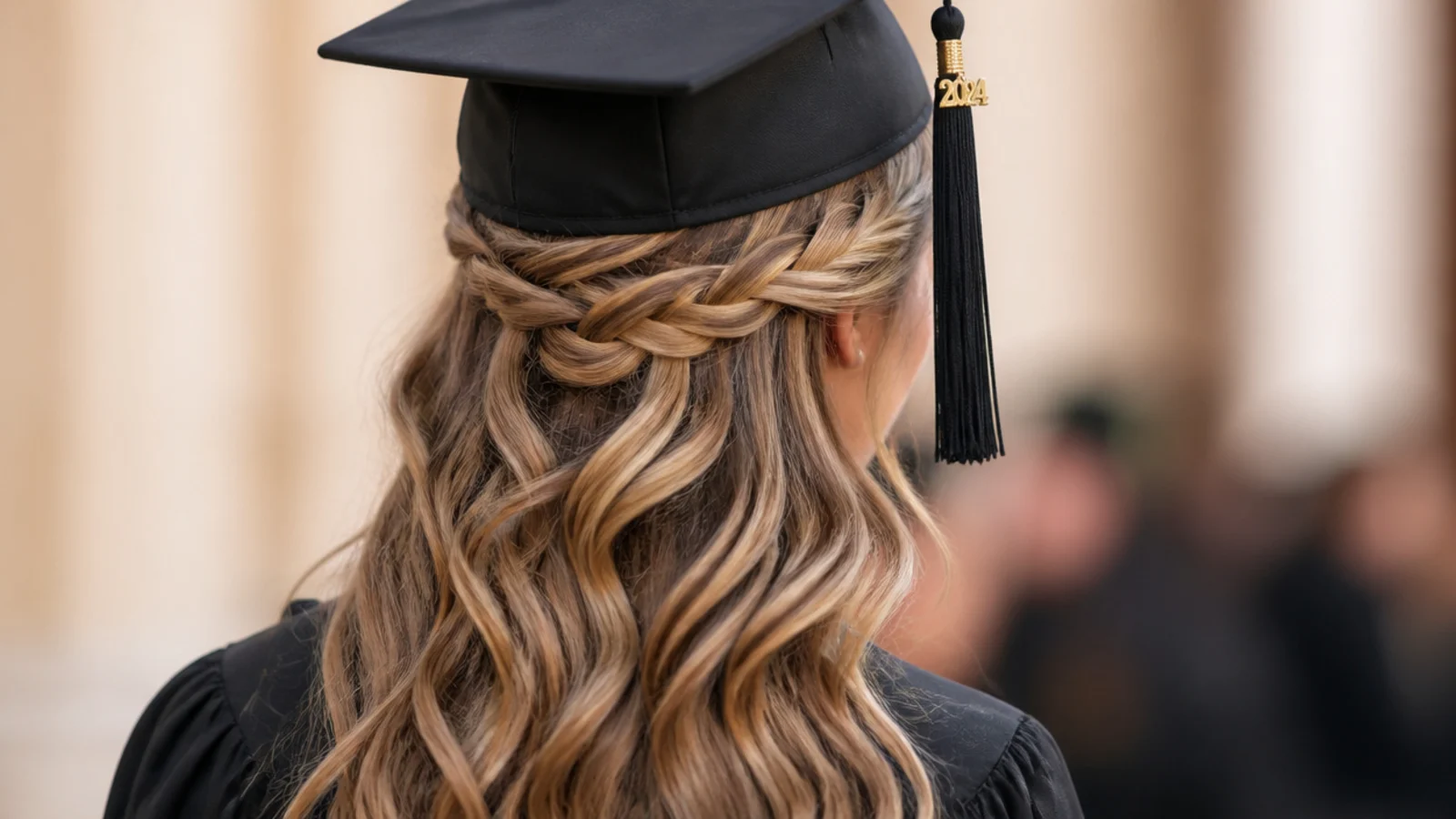 Half up Dutch braid with waves left down as a braided graduation hairstyle that fits under a mortarboard