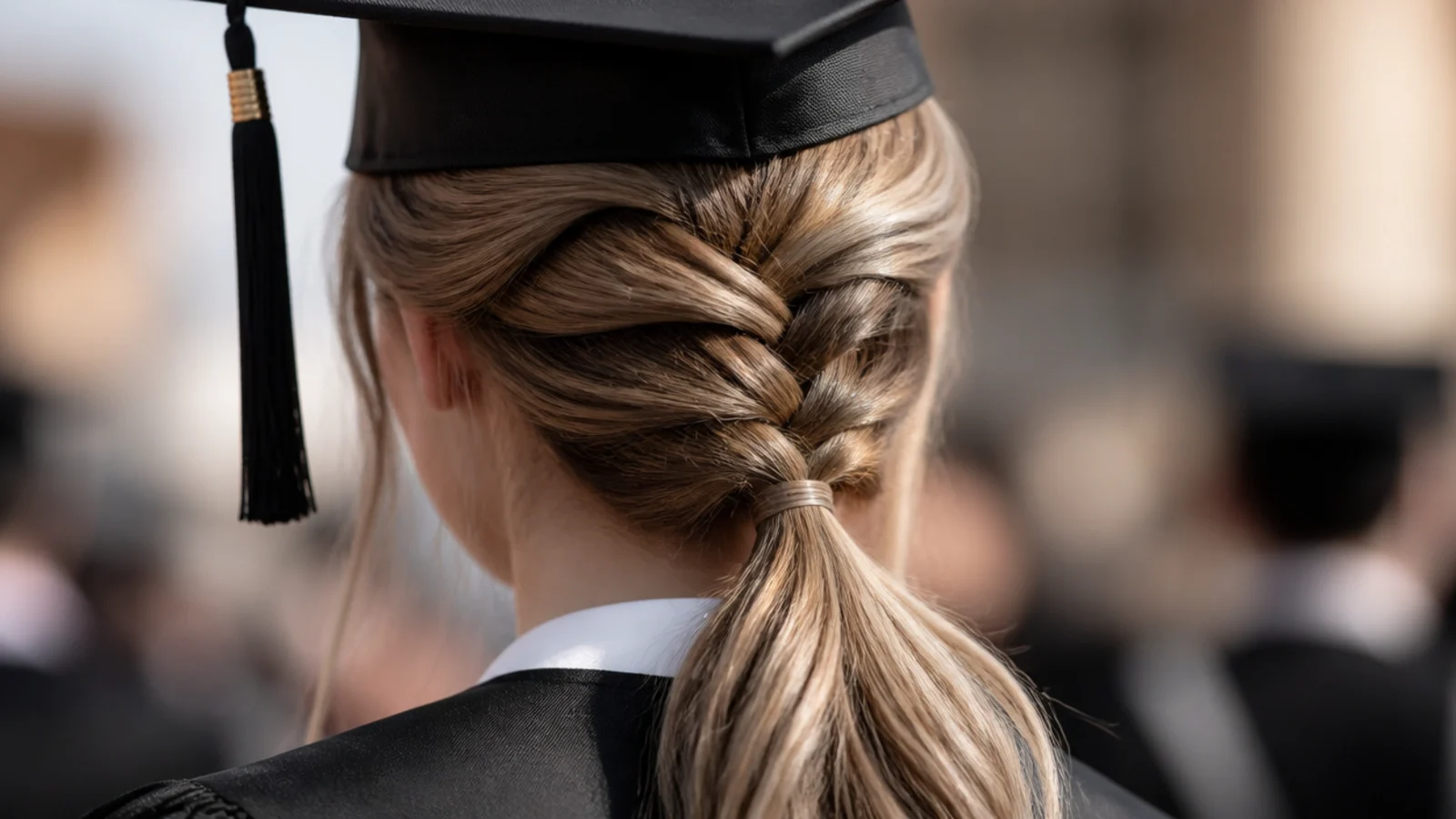 Rope braid low ponytail as an easy braided graduation hairstyle secured with a clear elastic at the nape