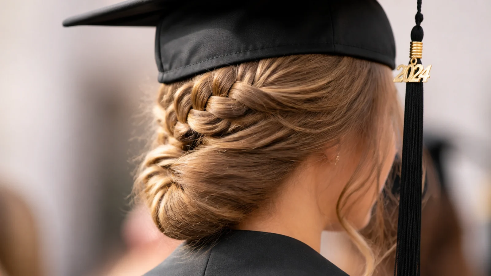 French braid tucked into a low roll as an elegant braided graduation hairstyle under a graduation cap