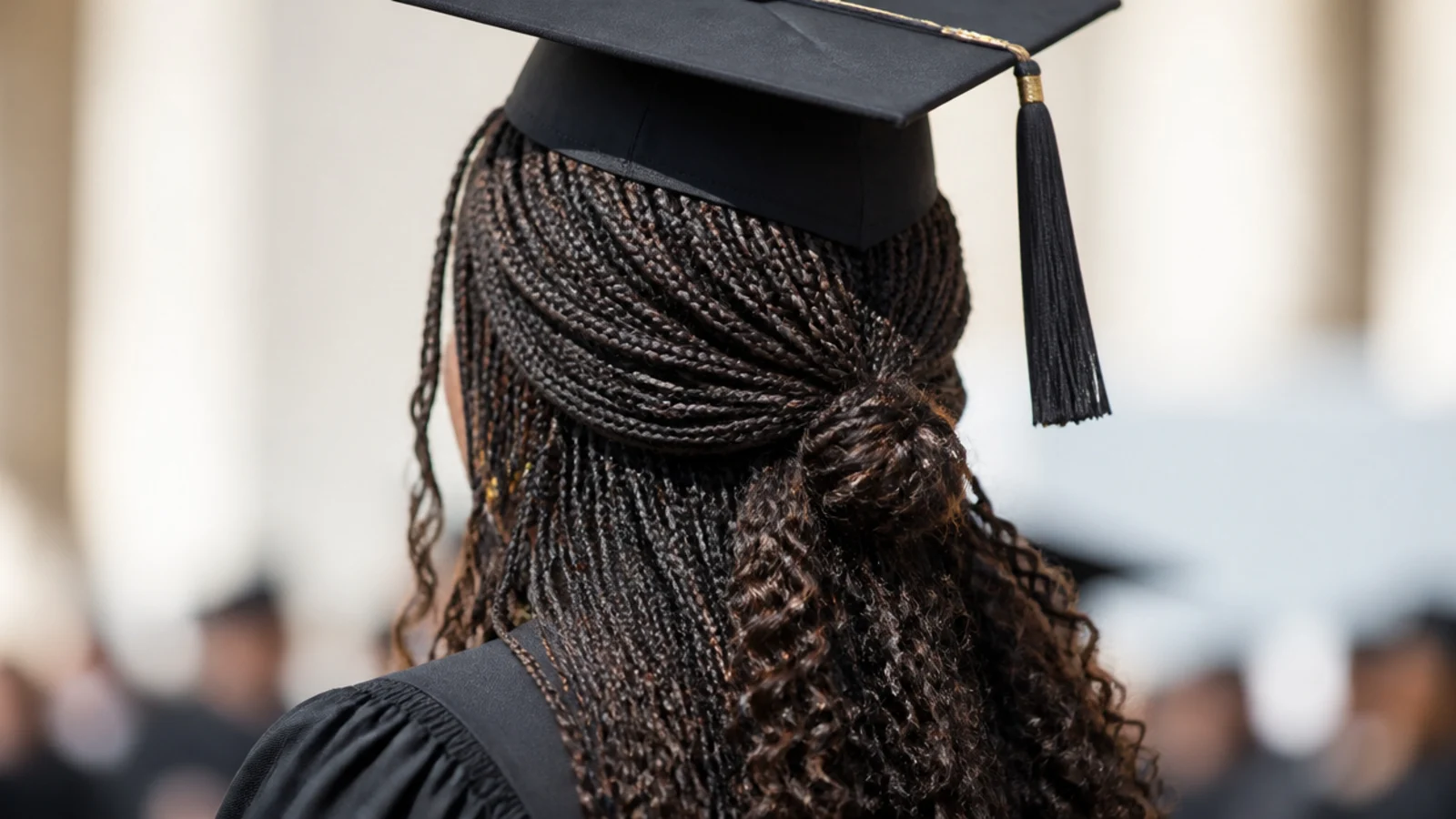 Knotless braids gathered into a low half up style as a braided graduation hairstyle worn with a mortarboard