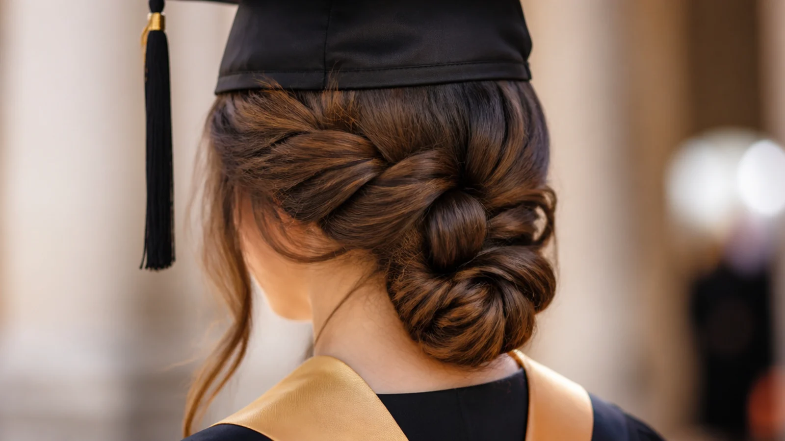 Boho braid with pancaked edges as a loose braided graduation hairstyle with soft face framing pieces