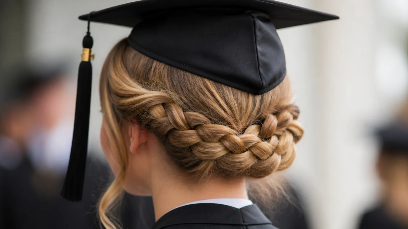 Low milkmaid braids wrapped at the nape as a braided graduation hairstyle that avoids the cap band