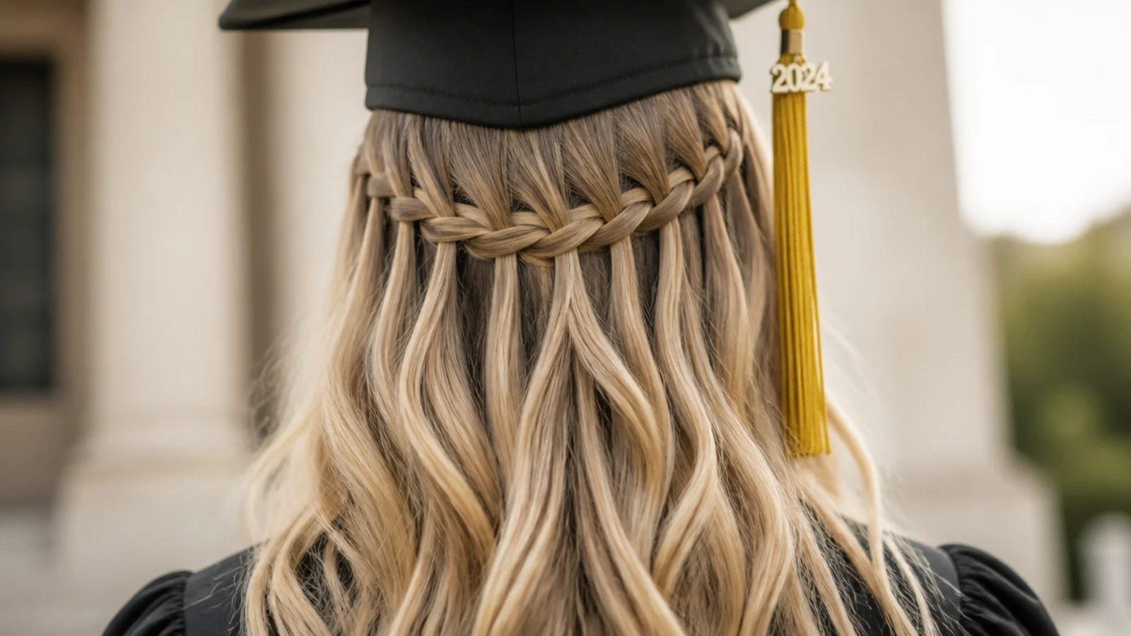 Waterfall braid across the back of the head as a braided graduation hairstyle with strands falling loose