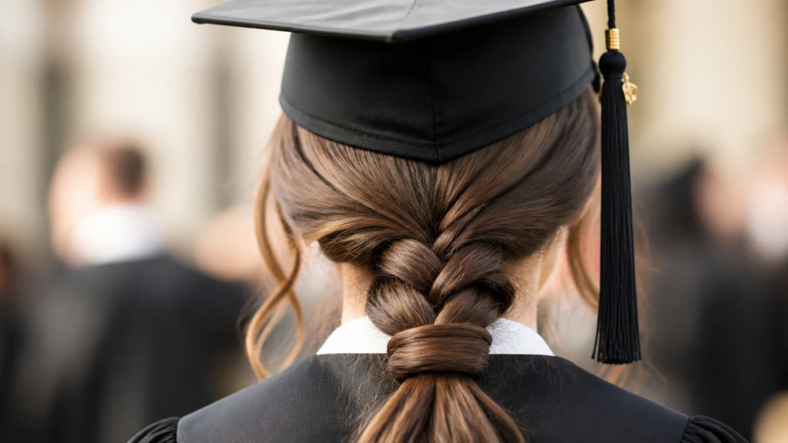 Braided low ponytail with a hair wrapped elastic as a simple braided graduation hairstyle under a cap